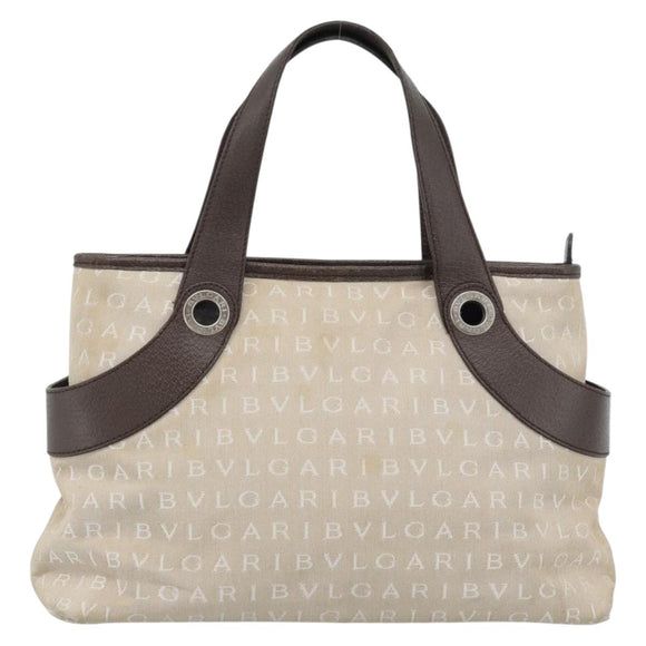 BVLGARI Logo Mania Hand Bag Canvas Beige Silver Auth bs35496