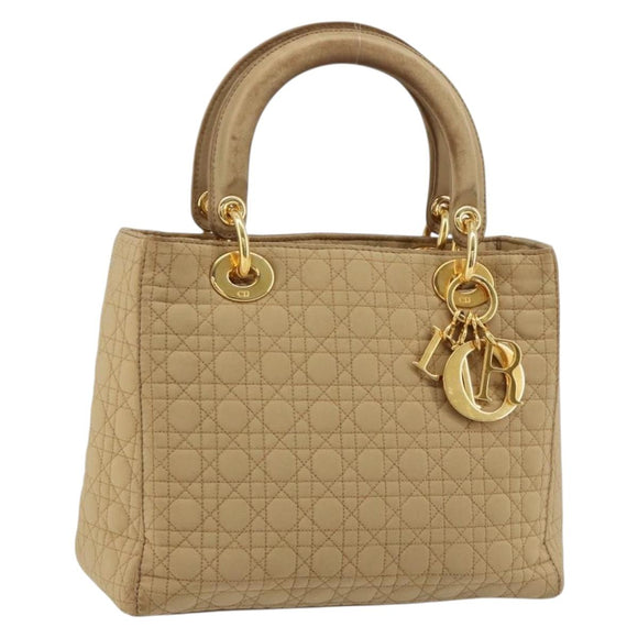 Christian Dior Lady Dior Hand Bag Canvas Beige Gold Auth bs35498