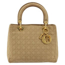 Christian Dior Lady Dior Hand Bag Canvas Beige Gold Auth bs35498-2