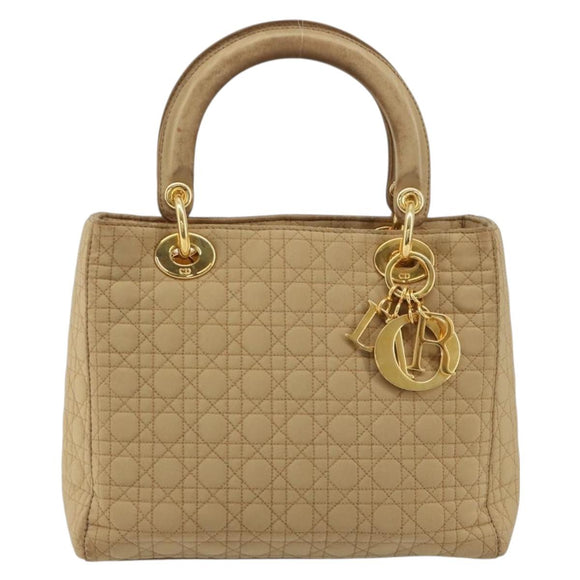 Christian Dior Lady Dior Hand Bag Canvas Beige Gold Auth bs35498