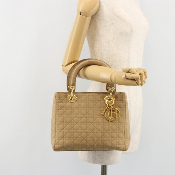 Christian Dior Lady Dior Hand Bag Canvas Beige Gold Auth bs35498