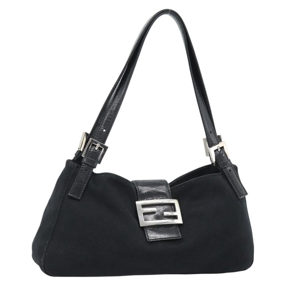 FENDI Mamma Baguette Shoulder Bag Cotton Jersey Black Silver Auth bs35506