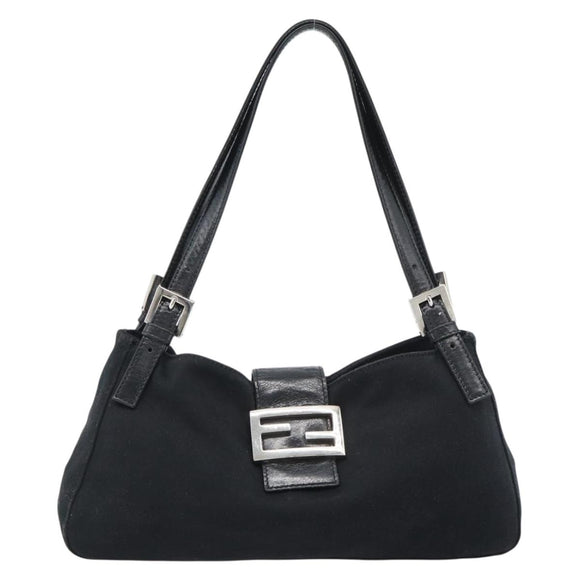 FENDI Mamma Baguette Shoulder Bag Cotton Jersey Black Silver Auth bs35506