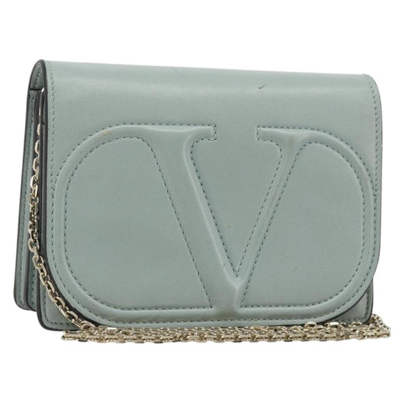 VALENTINO Chain Shoulder Bag Leather Light Blue Gold Auth bs35513
