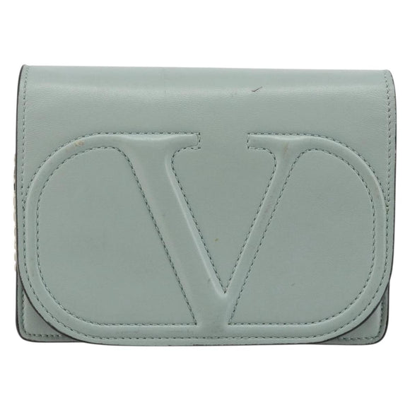 VALENTINO Chain Shoulder Bag Leather Light Blue Gold Auth bs35513