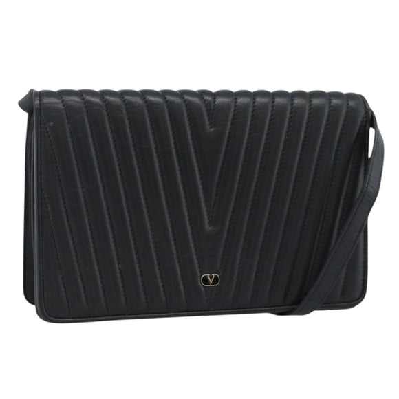 VALENTINO Shoulder Bag Leather Black Gold Auth bs35515