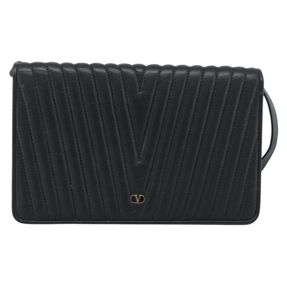VALENTINO Shoulder Bag Leather Black Gold Auth bs35515