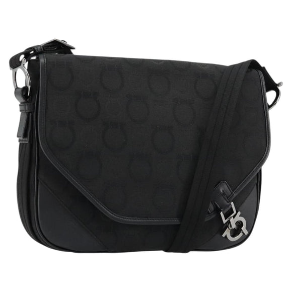Salvatore Ferragamo Gancini Shoulder Bag Canvas Black Silver Auth bs35520