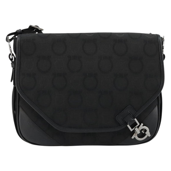 Salvatore Ferragamo Gancini Shoulder Bag Canvas Black Silver Auth bs35520