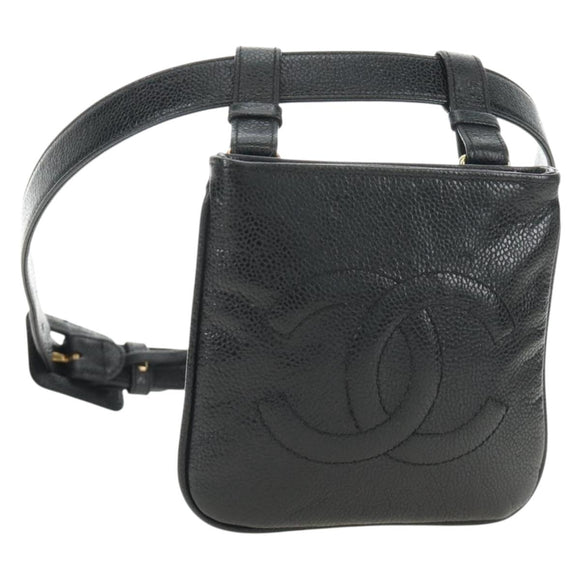 CHANEL Waist Bag Caviar Skin Black Gold CC Auth bs35525V