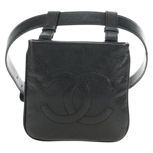 CHANEL Waist Bag Caviar Skin Black Gold CC Auth bs35525V