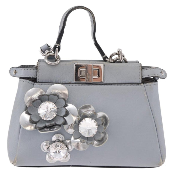 FENDI Shoulder Bag Leather 2way Light Blue Silver Auth bs35546