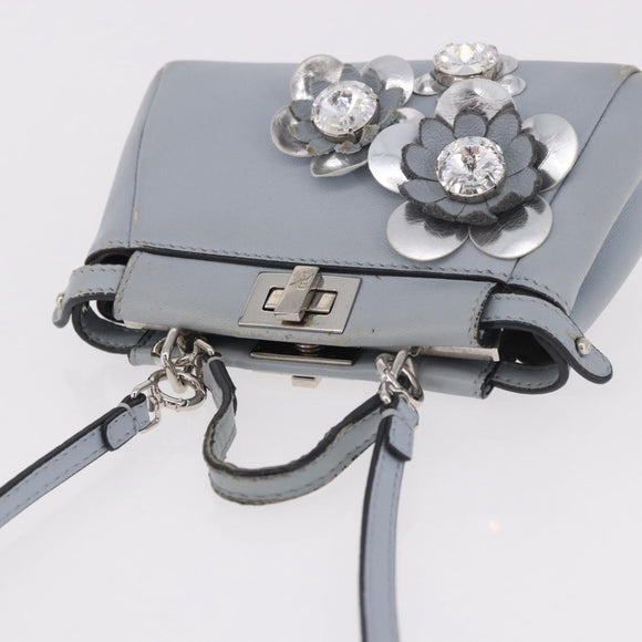 FENDI Shoulder Bag Leather 2way Light Blue Silver Auth bs35546