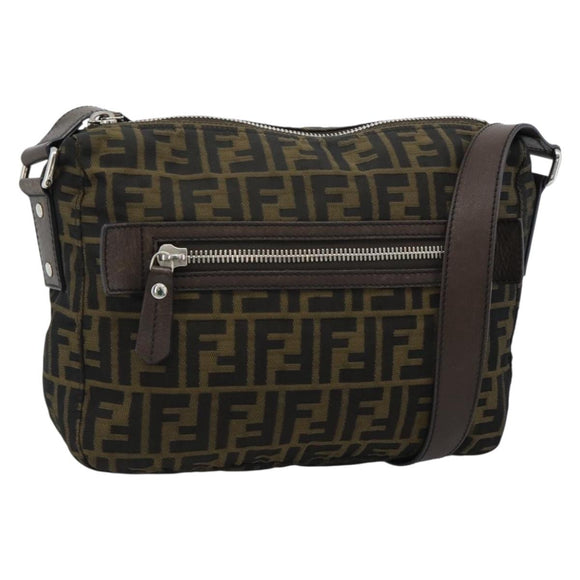FENDI Zucca Canvas Shoulder Bag Black Brown Auth bs35552