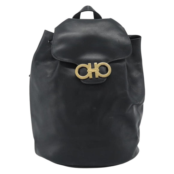 Salvatore Ferragamo Backpack Leather Black Gold Auth bs35571