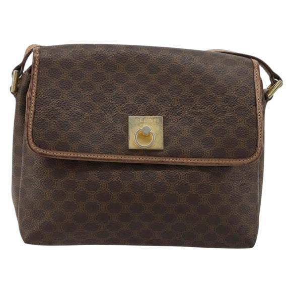 CELINE Macadam Canvas Shoulder Bag PVC Leather Brown Gold Auth bs35574