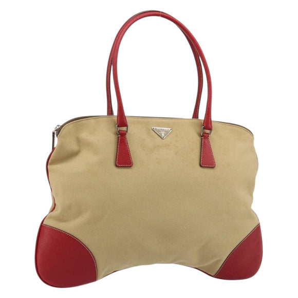 PRADA Tote Bag Canvas Beige Silver Auth bs35583