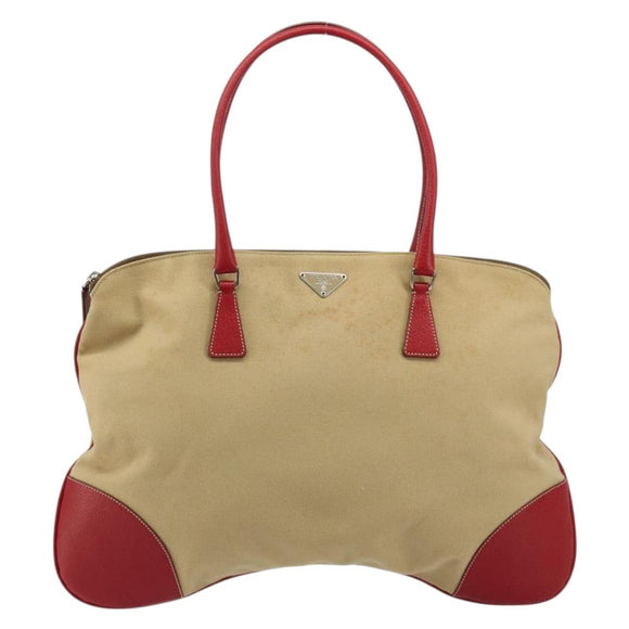 PRADA Tote Bag Canvas Beige Silver Auth bs35583
