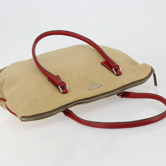 PRADA Tote Bag Canvas Beige Silver Auth bs35583