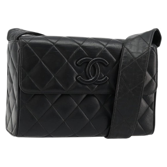 CHANEL Matelasse Shoulder Bag Lamb Skin Black Gold CC Auth bs35587