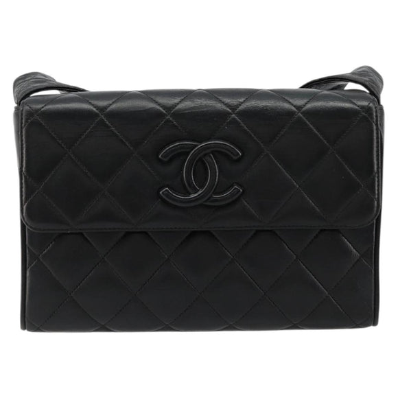 CHANEL Matelasse Shoulder Bag Lamb Skin Black Gold CC Auth bs35587