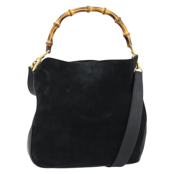 GUCCI Bamboo Shoulder Bag Suede 2way Black Gold 001 1014 1638 0 Auth bs35599