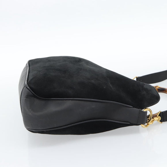 GUCCI Bamboo Shoulder Bag Suede 2way Black Gold 001 1014 1638 0 Auth bs35599
