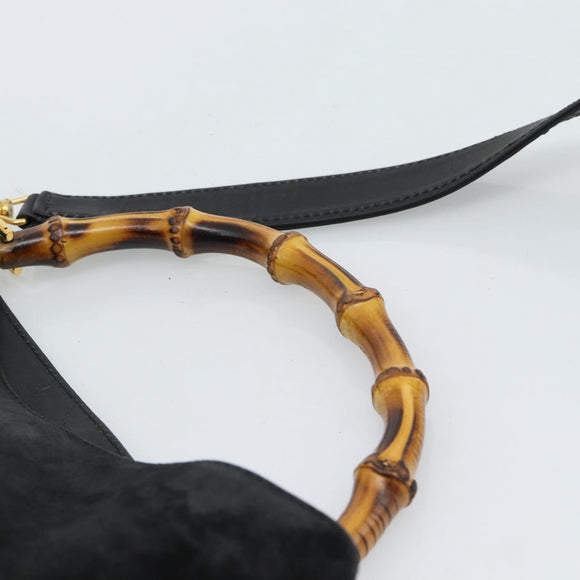 GUCCI Bamboo Shoulder Bag Suede 2way Black Gold 001 1014 1638 0 Auth bs35599