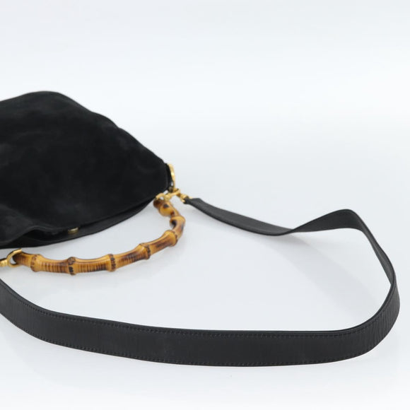 GUCCI Bamboo Shoulder Bag Suede 2way Black Gold 001 1014 1638 0 Auth bs35599