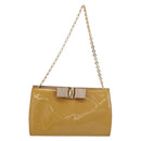 Salvatore Ferragamo Vara Ribbon Chain Bag Patent leather Beige Gold Auth bs35603-2