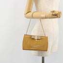 Salvatore Ferragamo Vara Ribbon Chain Bag Patent leather Beige Gold Auth bs35603-21