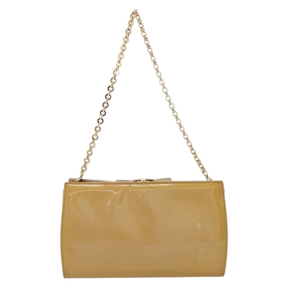 Salvatore Ferragamo Vara Ribbon Chain Bag Patent leather Beige Gold Auth bs35603