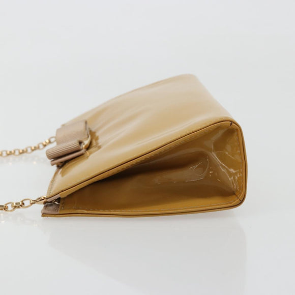 Salvatore Ferragamo Vara Ribbon Chain Bag Patent leather Beige Gold Auth bs35603