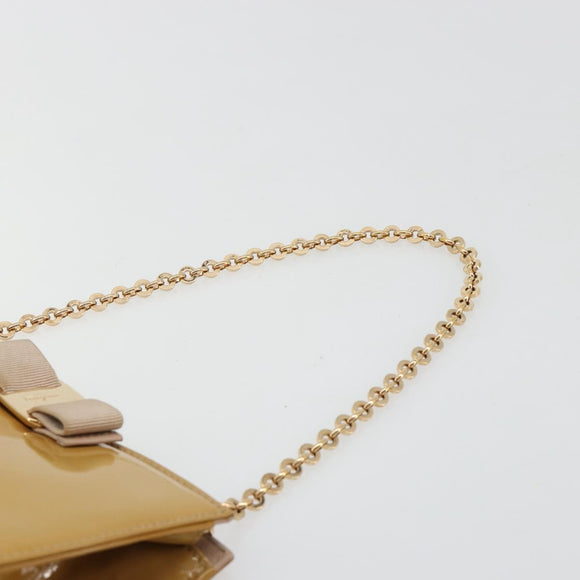 Salvatore Ferragamo Vara Ribbon Chain Bag Patent leather Beige Gold Auth bs35603