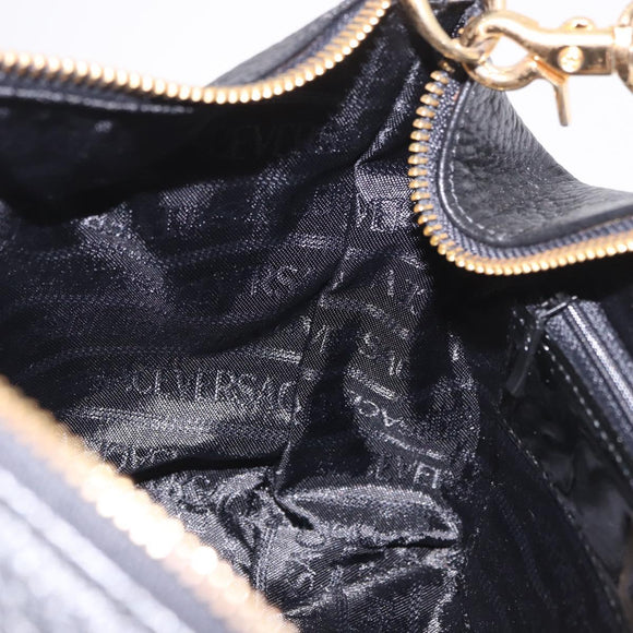 VERSACE Chain Hand Bag Leather Black Gold Auth bs35661A