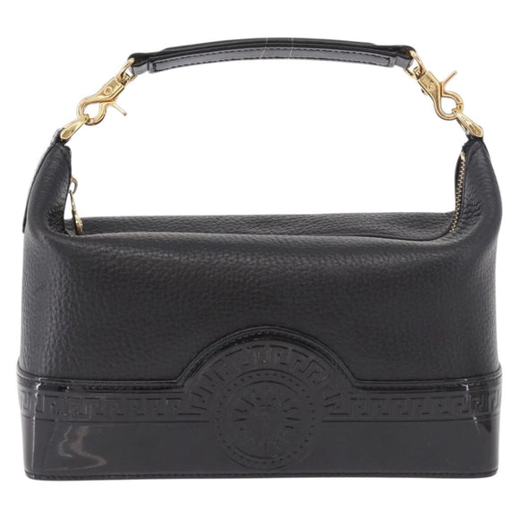 VERSACE Chain Hand Bag Leather Black Gold Auth bs35661A