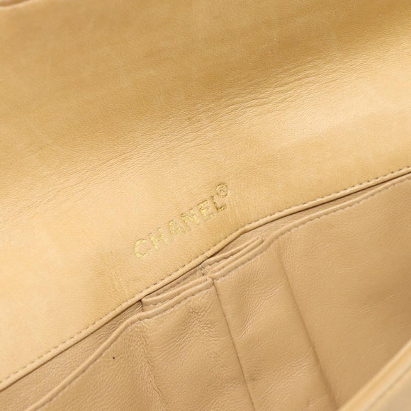 CHANEL Choco Bar Chain Shoulder Bag Lamb Skin Beige Gold CC Auth bs35679