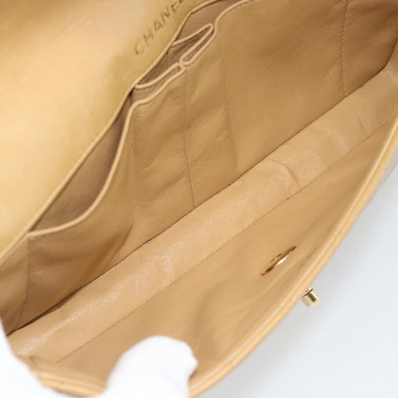 CHANEL Choco Bar Chain Shoulder Bag Lamb Skin Beige Gold CC Auth bs35679