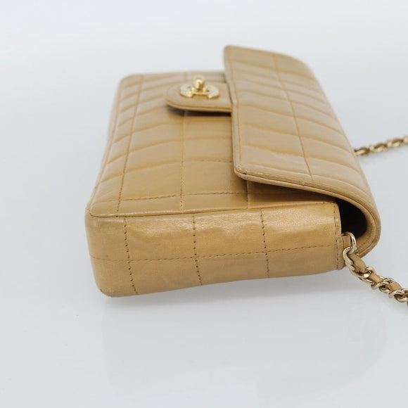 CHANEL Choco Bar Chain Shoulder Bag Lamb Skin Beige Gold CC Auth bs35679