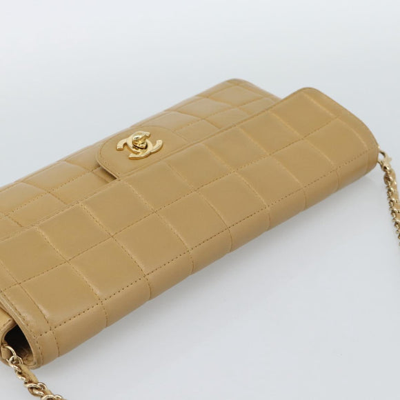 CHANEL Choco Bar Chain Shoulder Bag Lamb Skin Beige Gold CC Auth bs35679