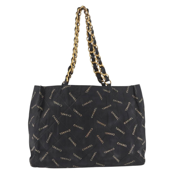CHANEL Matelasse Chain Tote Bag Coated Canvas Black Gold CC Auth bs35682