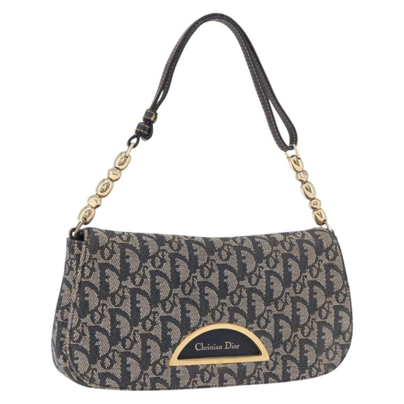 Christian Dior Trotter Canvas Marispearl Chain Bag Navy Gold Auth bs35684A