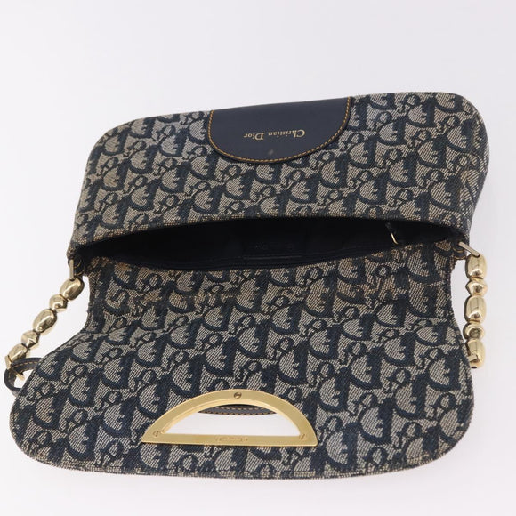 Christian Dior Trotter Canvas Marispearl Chain Bag Navy Gold Auth bs35684A
