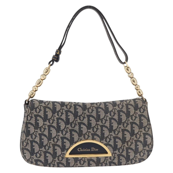 Christian Dior Trotter Canvas Marispearl Chain Bag Navy Gold Auth bs35684A