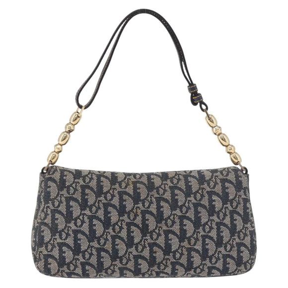 Christian Dior Trotter Canvas Marispearl Chain Bag Navy Gold Auth bs35684A