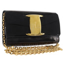 Salvatore Ferragamo Vara Ribbon Chain Bag Patent Leather Black Gold Auth bs35689-1
