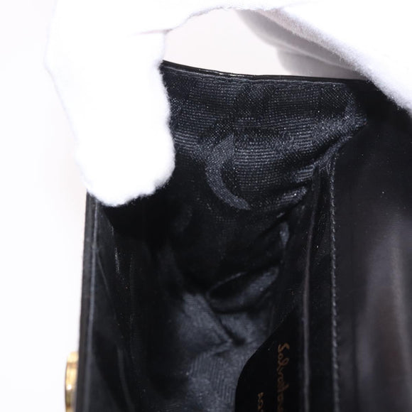 Salvatore Ferragamo Vara Ribbon Chain Bag Patent Leather Black Gold Auth bs35689