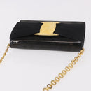 Salvatore Ferragamo Vara Ribbon Chain Bag Patent Leather Black Gold Auth bs35689-7