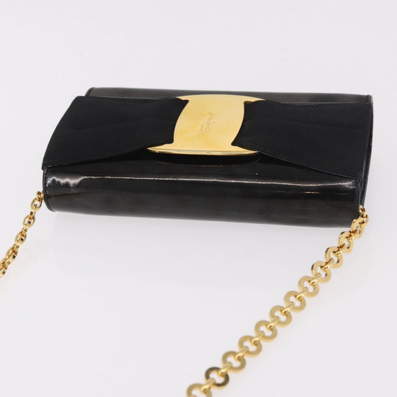 Salvatore Ferragamo Vara Ribbon Chain Bag Patent Leather Black Gold Auth bs35689