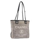 CHANEL Deauville Line Chain Tote Bag Canvas Gray Silver CC Auth bs35696-1